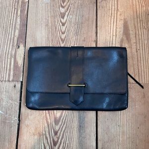 NWT Madewell Black Leather Clutch with Brass Accents and Magnetic Close